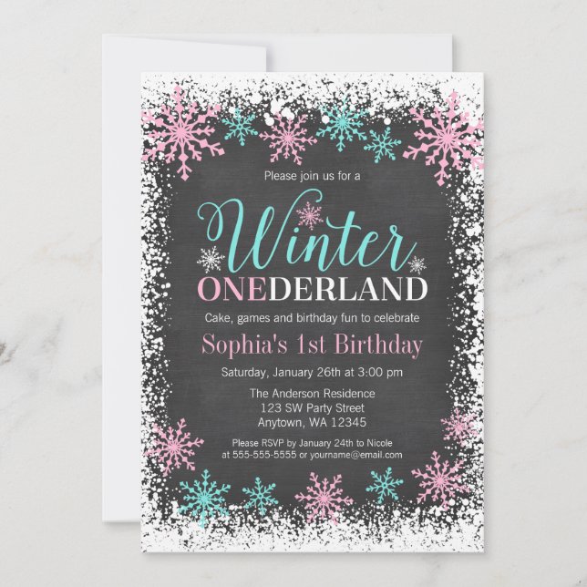 Winter ONEderland Aquamarin Chalkboard 1. Geburtst Einladung (Vorderseite)
