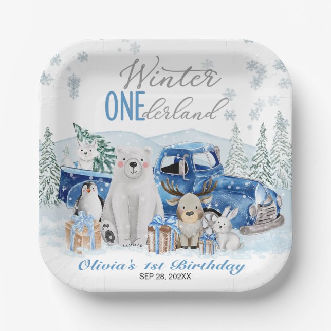 Winter Onederland Arctic Animal Boy 1st Birthday Pappteller (Vorderseite)
