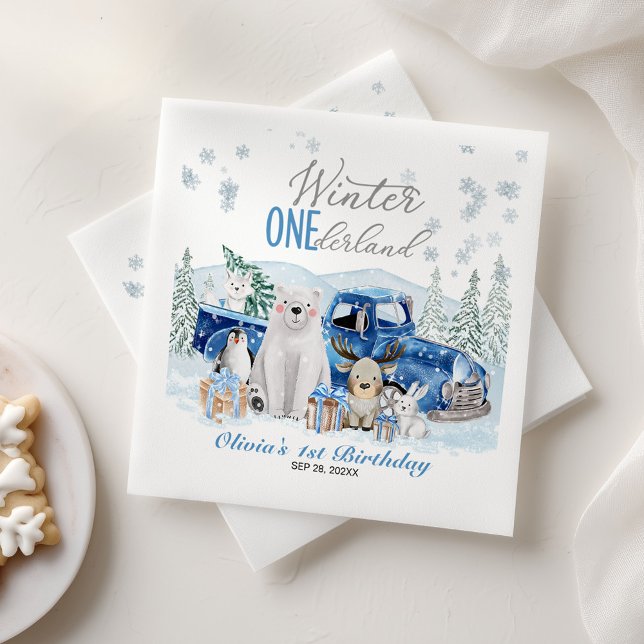 Winter Onederland Arctic Animal Boy 1st Birthday Serviette (Von Creator hochgeladen)
