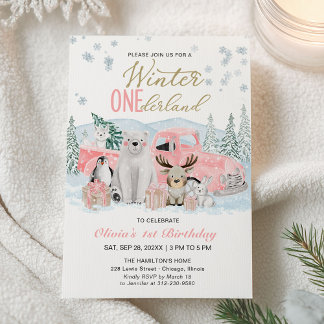 Winter Onederland Arctic Animal Girl 1st Birthday Einladung