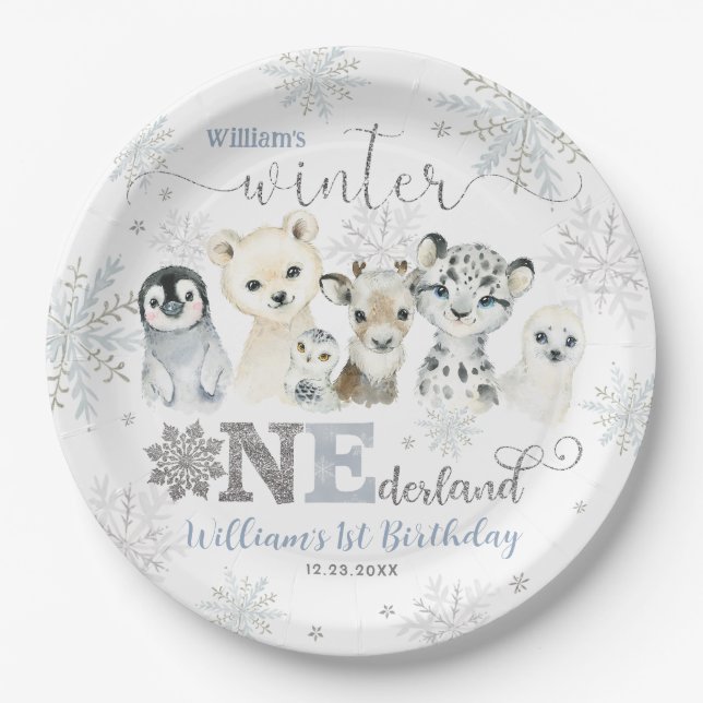 Winter Onederland Arctic Animals Snow 1st Birthday Pappteller (Vorderseite)