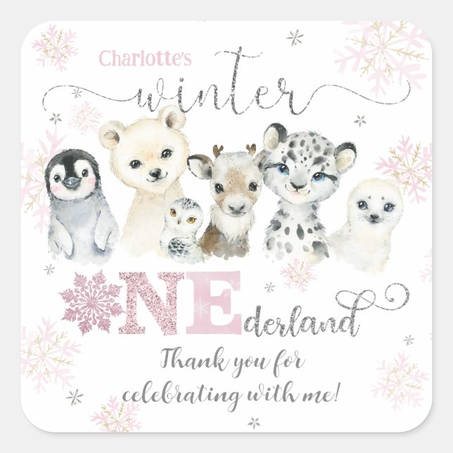 Winter Onederland Arctic Animals Snow 1st Birthday Quadratischer Aufkleber (Vorderseite)