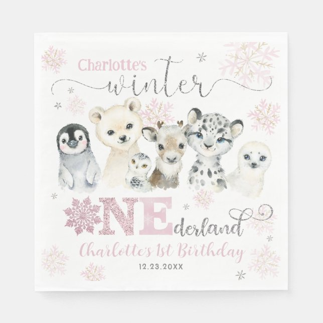 Winter Onederland Arctic Animals Snow 1st Birthday Serviette (Vorderseite)
