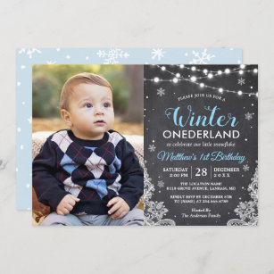 Winter ONEderland Baby Boy Erstes Geburtstag Foto Einladung