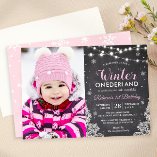 Winter ONEderland Baby Girl 1. Geburtstag Foto Einladung