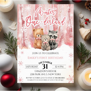Winter Onederland Bär Rosa Erster Geburtstag Einladung