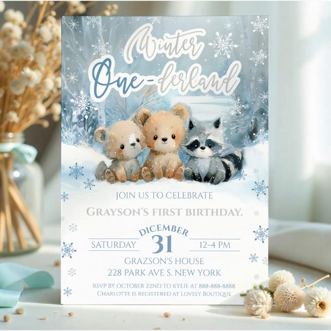 Winter Onederland Bear Baby Blue First Birthday Einladung (Von Creator hochgeladen)