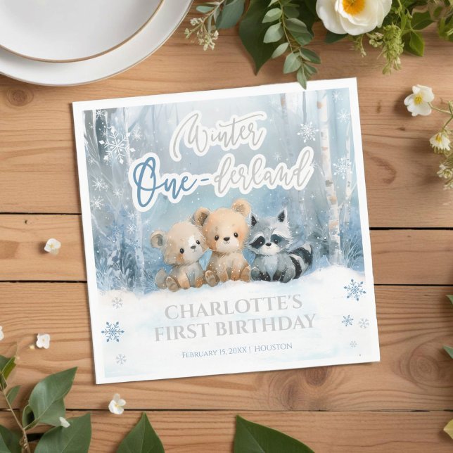 Winter Onederland Bear Blue First Birthday Party Serviette (Von Creator hochgeladen)