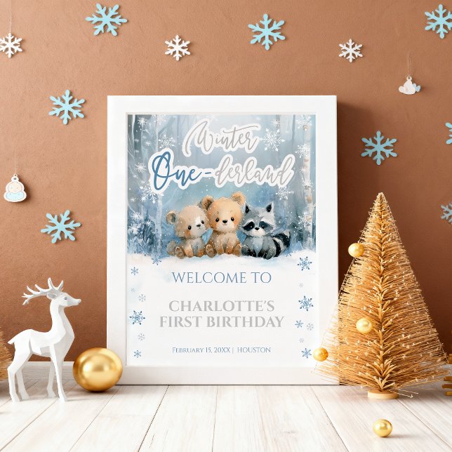Winter Onederland Bear Blue First Welcome Sign Poster (Von Creator hochgeladen)