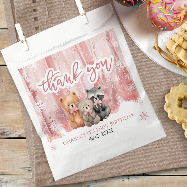 Winter Onederland Bear Pink First Birthday Party Geschenktütchen (Von Creator hochgeladen)