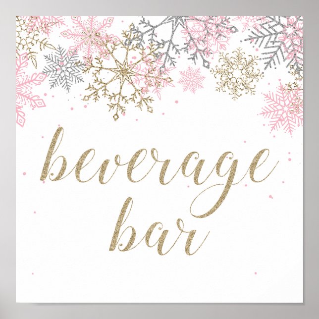 Winter Onederland Beverage Bar signe Rosa und Gold Poster (Vorne)