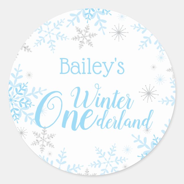 Winter ONEderland Birthday Blue Silver Glitzer Runder Aufkleber (Vorderseite)