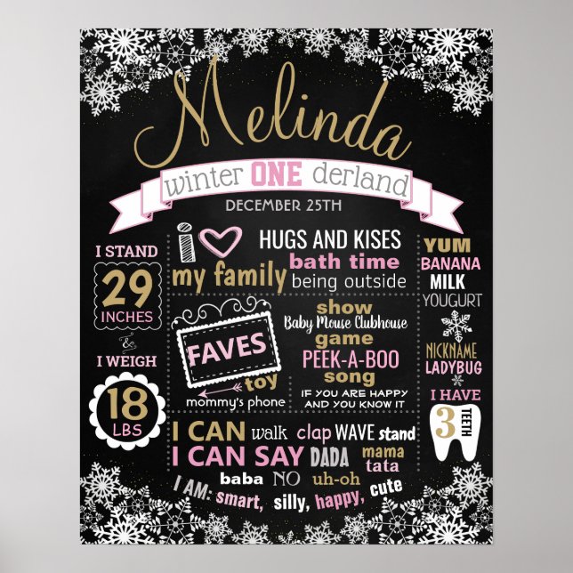 Winter Onederland Birthday Chalkboard Girl Poster (Vorne)