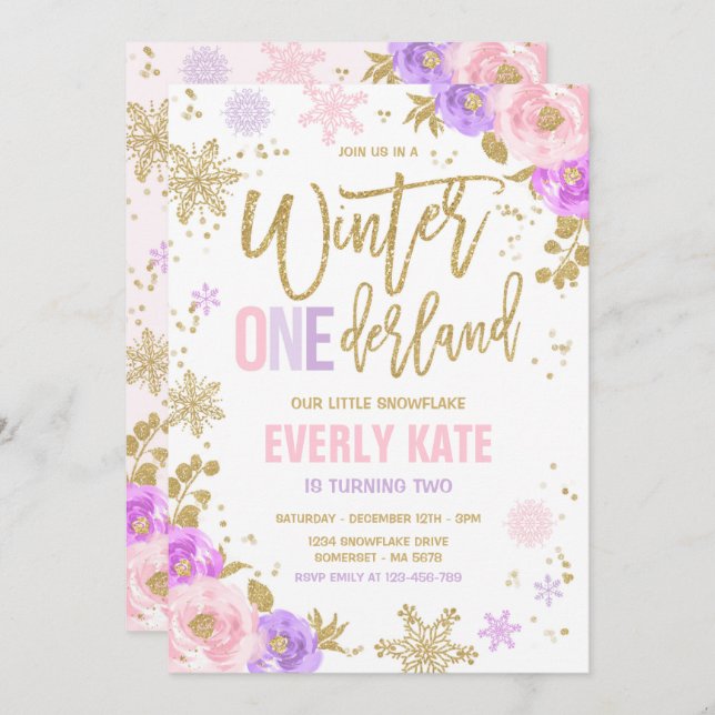 Winter ONEderland Birthday Gold Pink Snowflake Einladung (Vorne/Hinten)