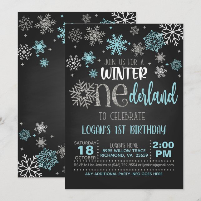 Winter ONEderland Birthday Invitation - Boy - BLK Einladung (Vorne/Hinten)