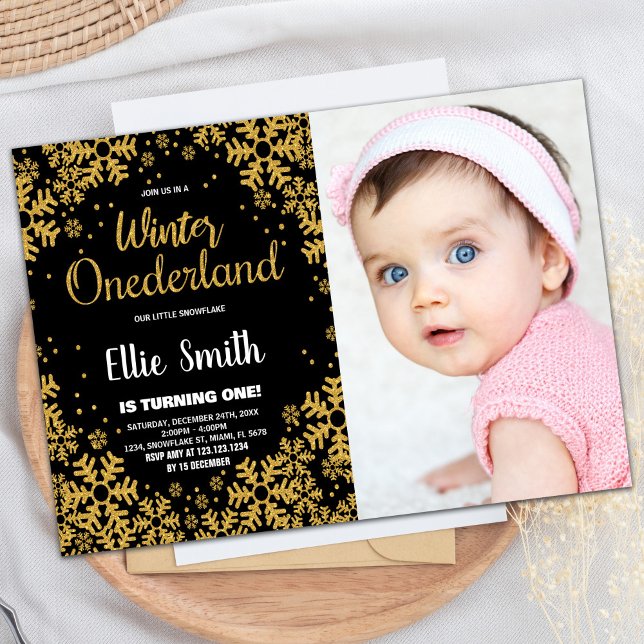 Winter ONEderland Birthday Invitations Gold Foto Einladung (Winter ONEderland Birthday Invitations Gold Photo)