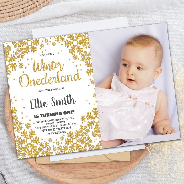 Winter ONEderland Birthday Invitations Gold Foto Einladung (Winter ONEderland Birthday Invitations Gold Photo)