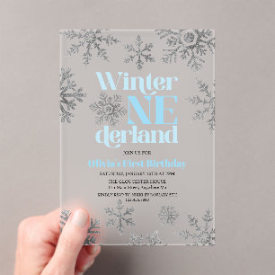 Winter Onederland Blau Silber Schneeflocke Geburts Acryleinladungen