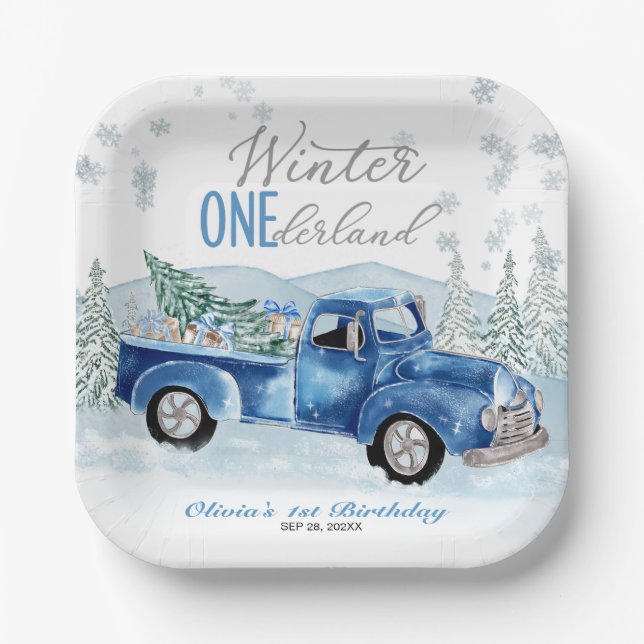 Winter Onederland Blaue Lastwagen Erster Geburtsta Pappteller (Vorderseite)