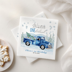 Winter Onederland Blaue Lastwagen Erster Geburtsta Serviette