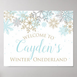Winter Onederland Blue and Gold Welcome Sign Poster