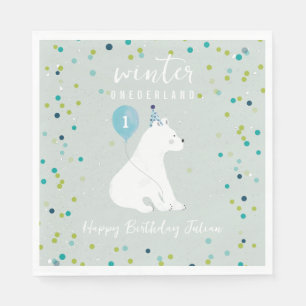 Winter Onederland Blue Birthday Balloon Polar Bear Serviette