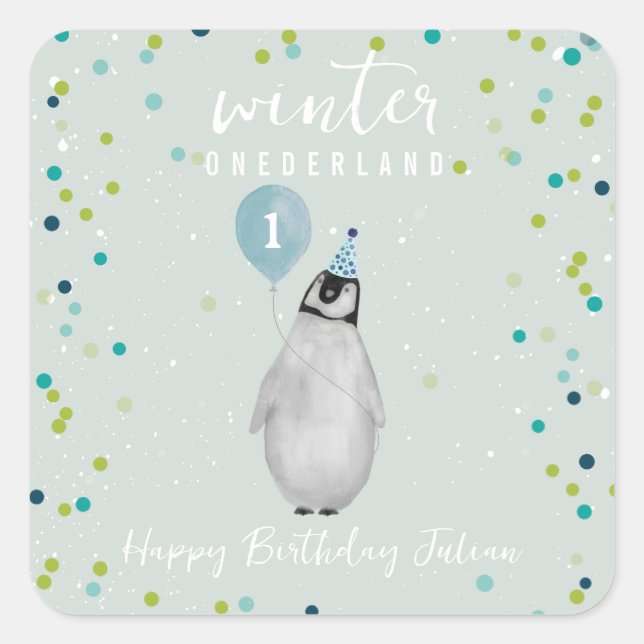 Winter Onederland Blue Birthday Penguin Balloon Quadratischer Aufkleber (Vorderseite)
