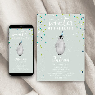Winter Onederland Blue Birthday Penguin Confetti Einladung