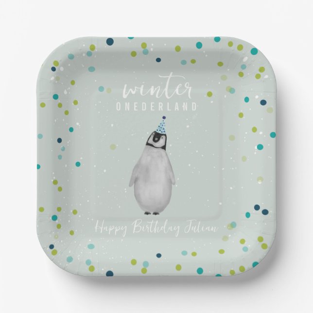 Winter Onederland Blue Birthday Penguin Confetti Pappteller (Vorderseite)
