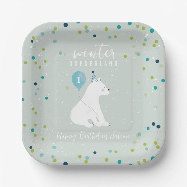 Winter Onederland Blue Birthday Polar Bear Snow Pappteller (Vorderseite)