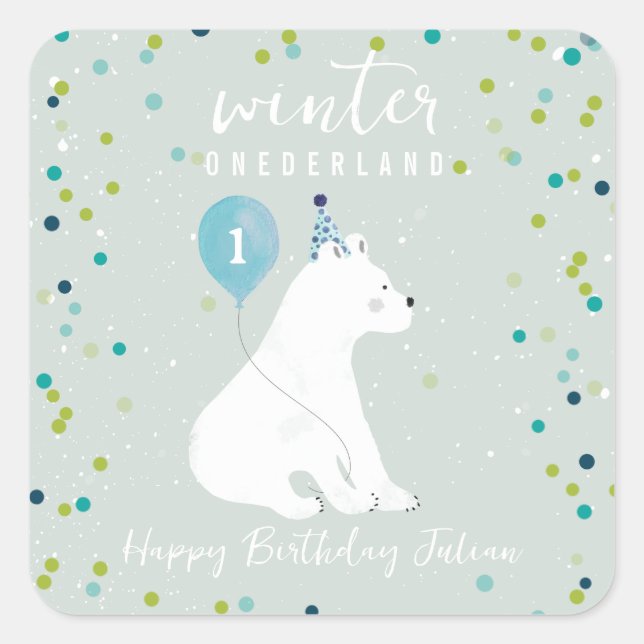 Winter Onederland Blue Birthday Polar Bear Snow Quadratischer Aufkleber (Vorderseite)