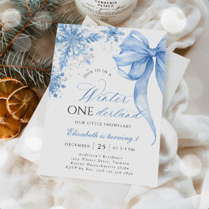 Winter Onederland Blue Bow Snowflake Geburtstag Einladung