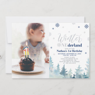Winter Onederland Blue Boy 1. Geburtstag Foto Inv. Einladung