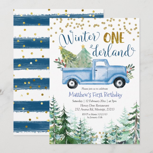 Winter Onederland Blue Christmas Truck Birthday Einladung (Vorne/Hinten)