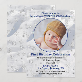 Winter ONEderland Blue Erster Geburtstag Snowflake Einladung