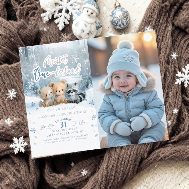 Winter Onederland Blue First Bday Photo Invitation (Von Creator hochgeladen)
