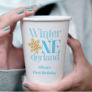 Winter Onederland Blue Gold Snowflake 1. Geburtsta Pappbecher