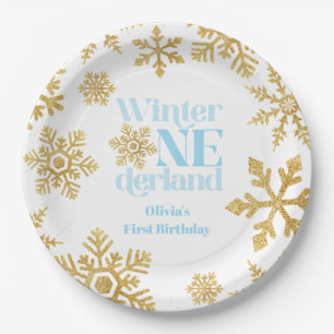Winter Onederland Blue Gold Snowflake 1. Geburtsta Pappteller