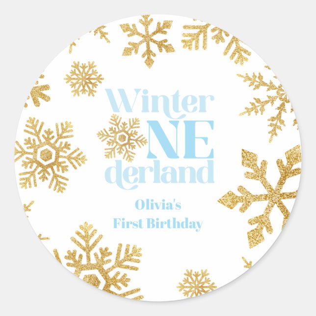 Winter Onederland Blue Gold Snowflake 1. Geburtsta Runder Aufkleber (Vorderseite)