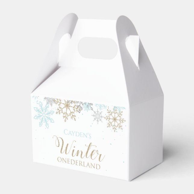 Winter Onederland Blue Gold Snowflake Geschenkschachtel (Vorderseite)