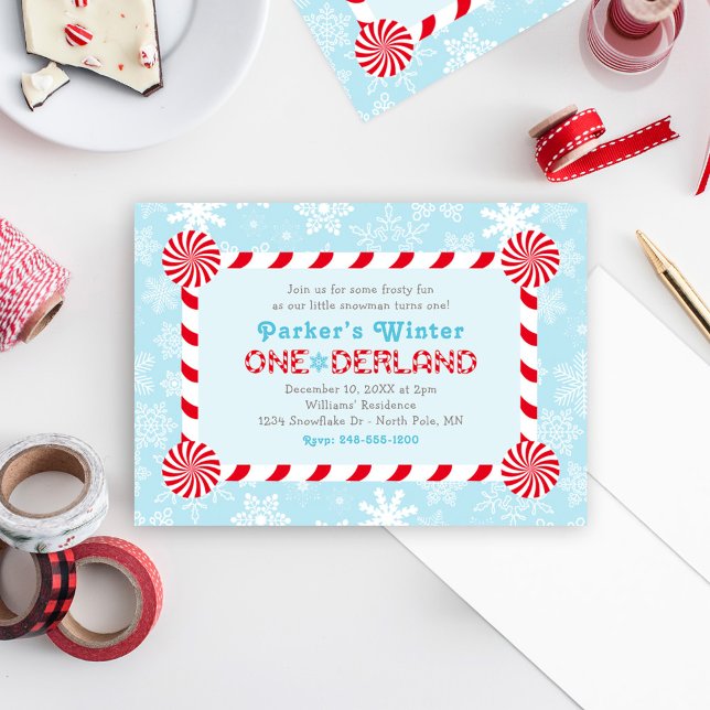 Winter ONEderland Blue Red Candy Cane Birthday Einladung (Von Creator hochgeladen)
