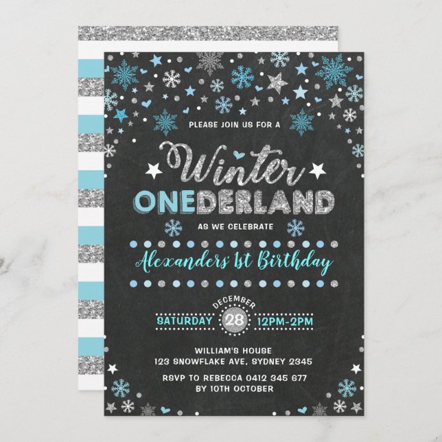Winter ONEderland Blue Silver Snowflakes Geburtsta Einladung (Vorne/Hinten)