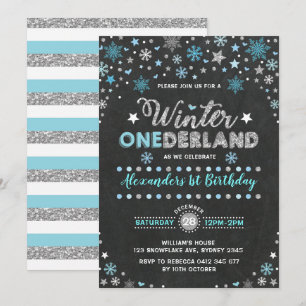 Winter ONEderland Blue Silver Snowflakes Geburtsta Einladung