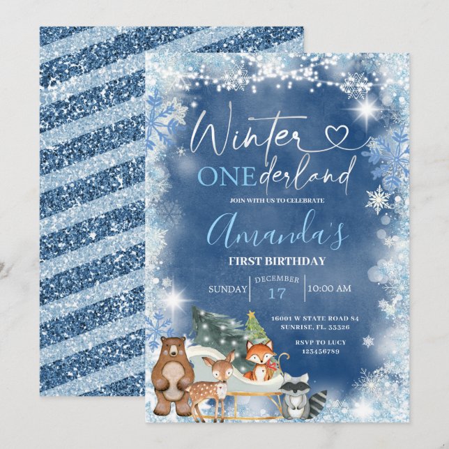 Winter Onederland Blue Snowflake Geburtstag Einladung (Vorne/Hinten)