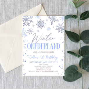 Winter ONEderland Blue Snowflake Geburtstagsparty Einladung