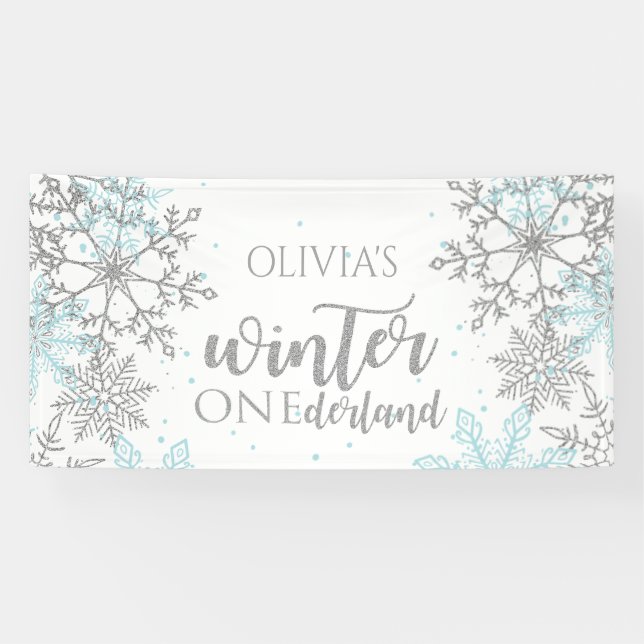 Winter Onederland Blue und Silver Snowflake Banner (Horizontal)