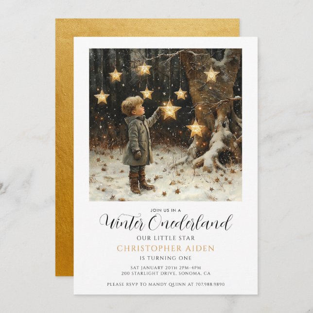 Winter ONEderland Boy 1. Geburtstag Einladung (Vorne/Hinten)