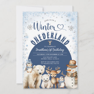 Winter Onederland Boy 1st Birthday Arctic Animals Einladung