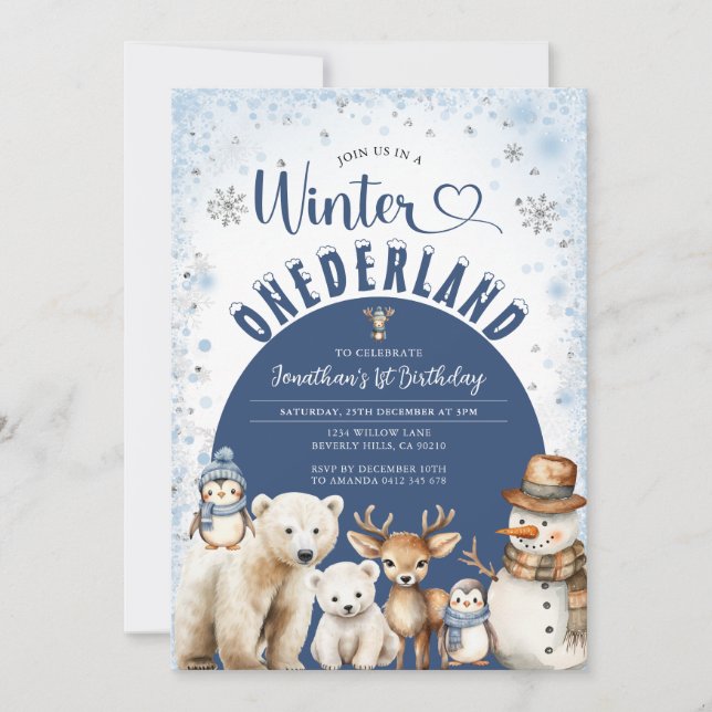 Winter Onederland Boy 1st Birthday Arctic Animals Einladung (Vorderseite)
