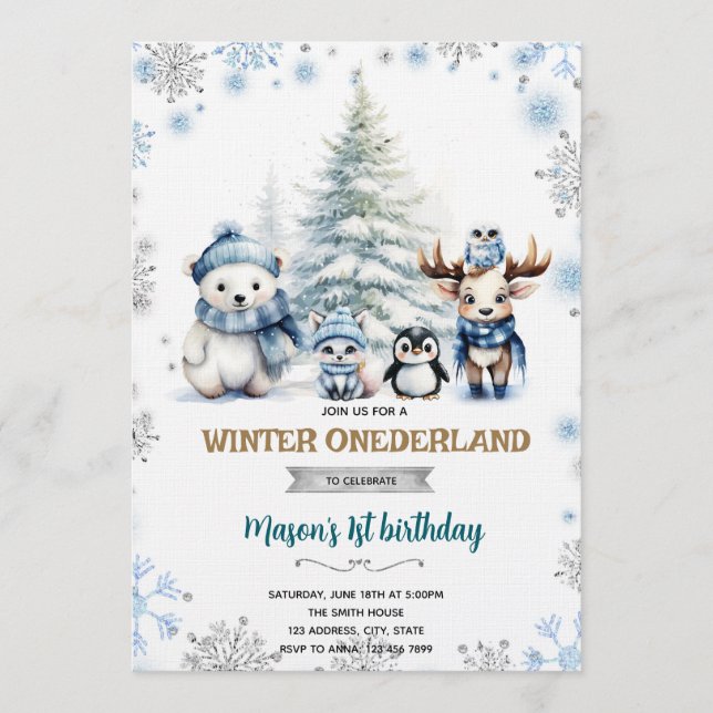 Winter Onederland boy invitation Einladung (Vorderseite)